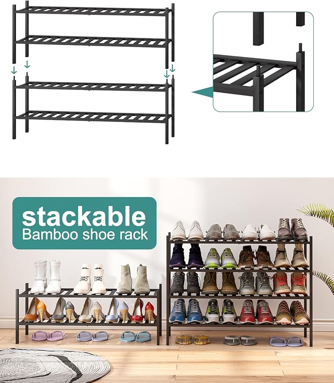 Black 4-Tier Long Shoe Rack, Bamboo Wood, 33-Inch-NeatNest