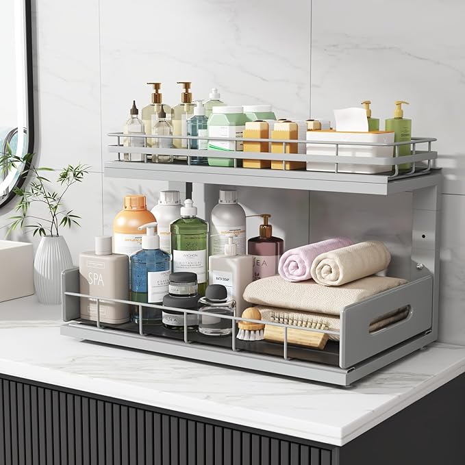 2 Pack 18 IN Depth Under Sink Organizer with Smooth Ball Bearing Slides,2-Tier Pull Out Cabinet Storage,Slide Out Drawers for Bathroom&Kitchen,Rust-resistant Coating,Height Adjustable-Gun Gray-NeatNest