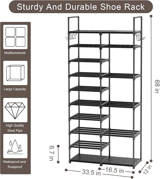 Kottwca 2 Row 10 Tier Tall Shoe Rack Organizer for Closet Entryway, 40-45 Pair Shoe Boot Storage Rack, Metal Shoe Shelf Small Vertical Stackable Shoe Stand for Bedroom Corner-NeatNest