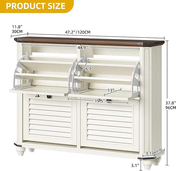 DWVO Shoe Cabinet with 4 Flip Drawers, Farmhouse Shoe Rack with Shutter-Doors, Wooden Entryway Shoe Storage Organizer, Rustic Hidden Shoe Cabinet for Foyer, Hallway, Living Room, White-NeatNest