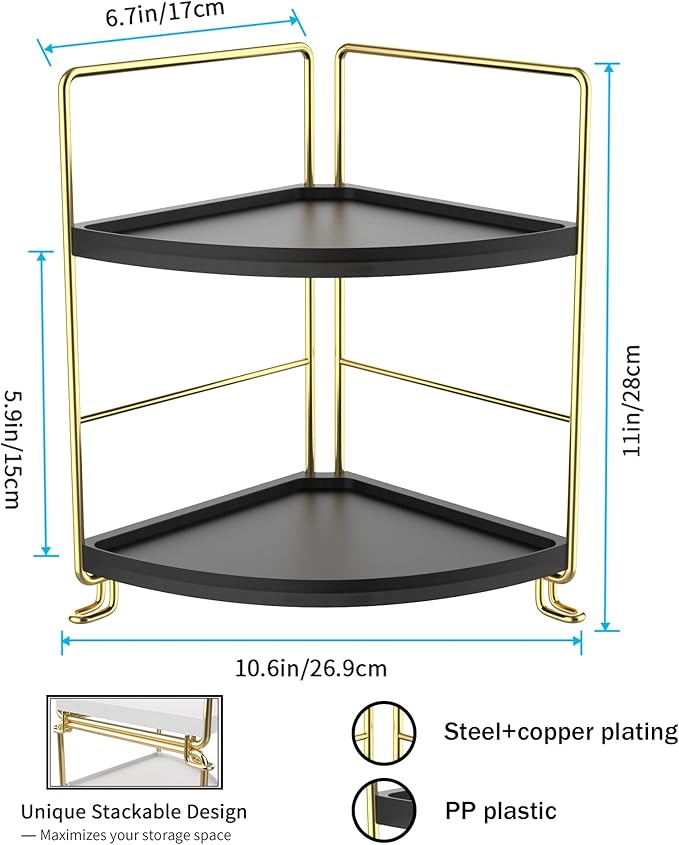 FSyueyun 2-Tier Corner Bathroom Counter Organizer, Tool-Less Installation Vanity Shelf Small Plastics Countertop Makeup Tray Skincare Perfume Organizers (Gold & Black)-NeatNest