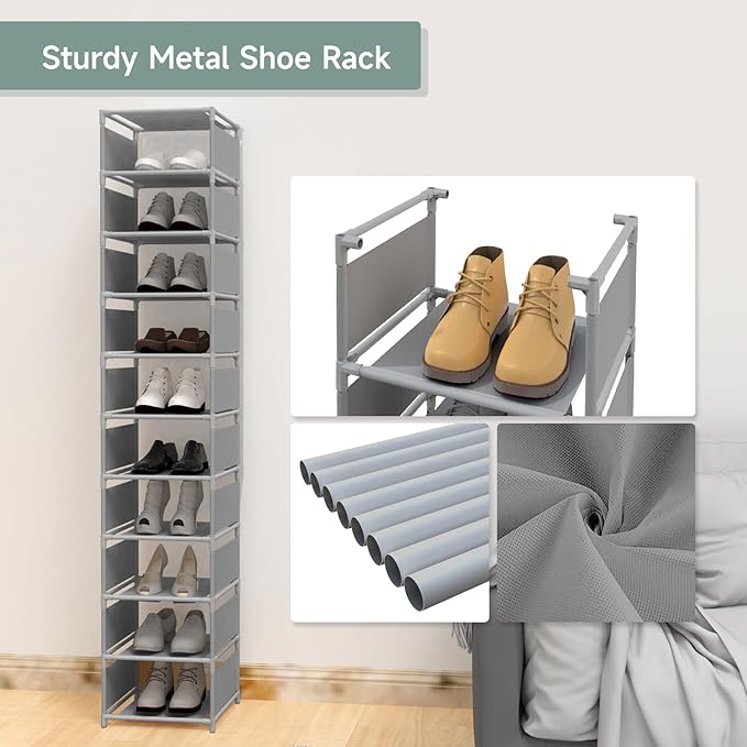 Vertical Shoe Rack, 10 Tier Grey Narrow Shoe Organizer for Closet Entryway, Tall Slim Shoe Tower for Small Spaces, Space Saving Corner Shoe Shelf-NeatNest