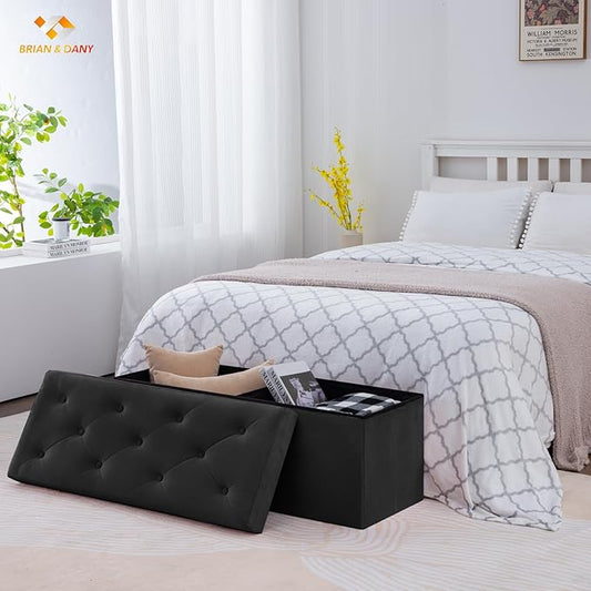BRIAN & DANY 43 Inches Folding Storage Ottoman Bench, Velvet Ottoman with Storage for Living Room, Long Shoes Bench,Flannelette Footrest Benches Seat (Black)-NeatNest