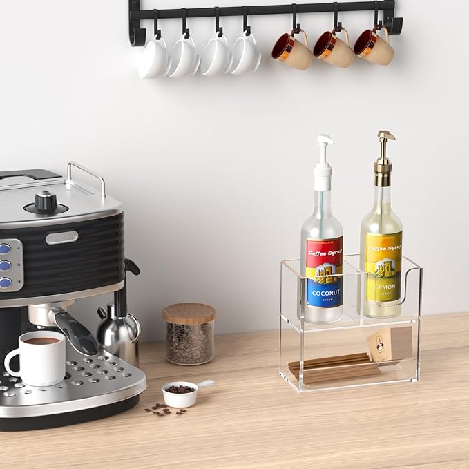 Coffee Condiment and Cup Organizer - 2-Tier Upright Cup and Lid Holder with Straw Organizer 3 Compartments Clear Acrylic Cup Dispenser for Restaurant Breakroom Coffee Station Countertop-NeatNest