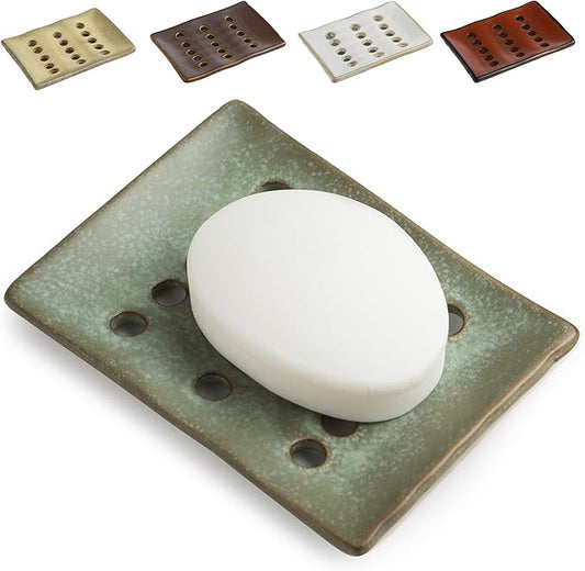 Ceramic Soap Dish with Self Drain for Shower, Bar Soap Holder to Lift and Keep Dry, Concave Design to Prevent Slipping, Suitable for Kitchen and Bathroom, Green-NeatNest