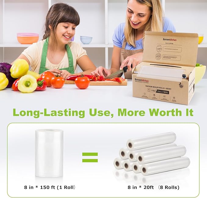 [2025 New] Bonsenkitchen 8” x 150’ Vacuum Sealer Bags Rolls with Cutter for Food Storage, Commercial Grade, BPA Free, Great for Meal Prep and Sous Vide Cooking-NeatNest