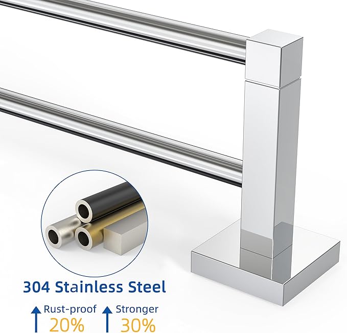 RUACQ Double Towel Bar, 24 Inch Bath Towel Rack for Bathroom, Square Base Hand Towel Holder, 304 Stainless Steel Towel Hanger Wall Mounted,Heavy Duty(Chrome)