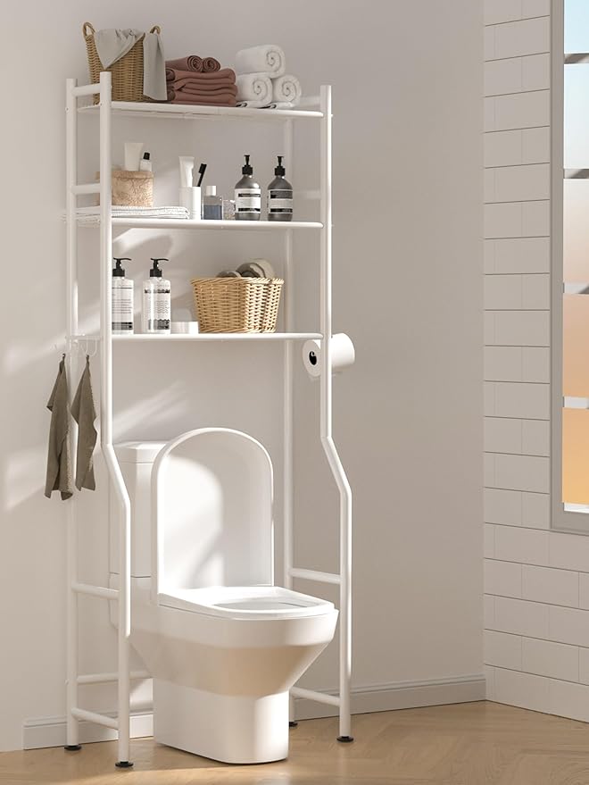 3-Tier Over The Toilet Storage, Space Saver Metal Bathroom Shelves, Freestanding Above Over Toilet Storage Shelf with 4 Hooks for Bathroom, White-NeatNest