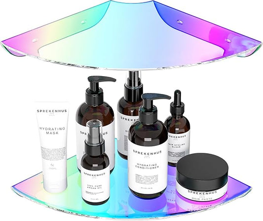 9.5x9.5 Inch Acrylic Corner Floating Shelf Set of 2, Iridescent Corner Wall Shelf for Home Décor, Speakers, Security Cameras, Toileries, Plants, Figures, Cosmetics, Books