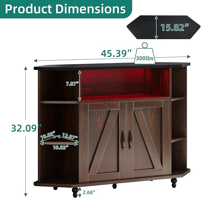 4 EVER WINNER Corner TV Stand, Farmhouse Corner TV Cabinet with LED Lights for 50 Inch, Adjustable Shelves, Corner TV Stand with Storage, Barn Doors for Living Room, Brown and Black-NeatNest