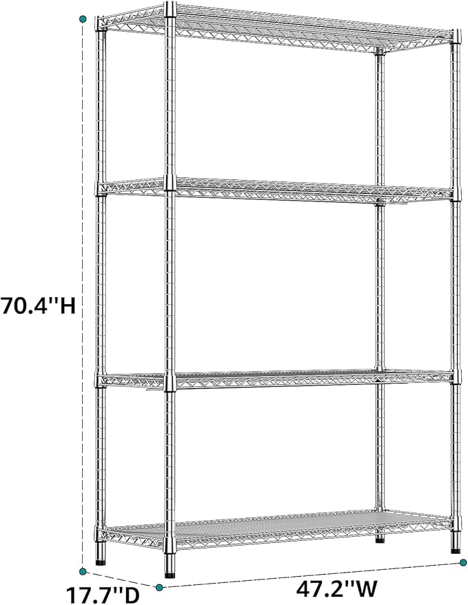 IZEUK 3400 LBS Garage Shelving Wide Storage Shelves 4 Tier Metal Shelves Heavy Duty Adjustable Utility Shelf Rack Chrome 17.7" D x 47.2" W x 70.4" H-NeatNest