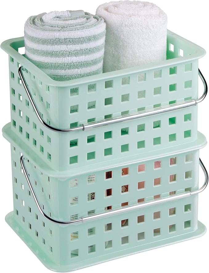 iDesign Spa BPA-Free Plastic Small Stackable Basket with Handle - 9.25" x 7" x 5", Mint-NeatNest