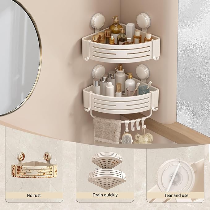 Shower Caddy Corner,Wall Hanging Shower Shelves, Removable Suction Cup Shower Caddy with Hooks and Towel Bar,No Drilling Rust Proof Aluminum Shower Shelf for Toilet and Kitchen(2-Pack,White)