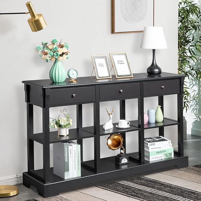 Karl home Console Table with 3 Drawers, 58" W Entryway Desk Sofa Side Table with 6 Bottom Cube Storage Shelves, Vintage TV Stand for Hallway Living Room Office, Black 32.5" H-NeatNest