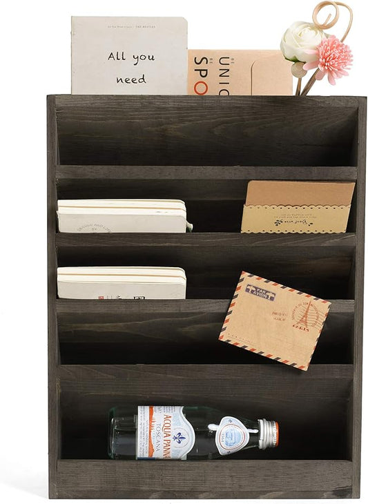 Vintage Rustic Wooden 5 Slot Office Desk or Distressed Torched Wood Wall Mounted Hanging Document Filing Organizer，Magazine Rack，Mail Holder Organizer Display Stand