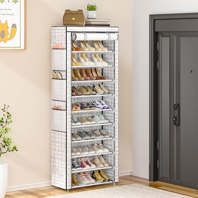 Shoes Rack 10 Tier Tall Shoe Rack with Storage Pockets, Fabric Covered Shoe Racks,Metal Shoes Rack Organizer for Closets,Bedroom, Garage-NeatNest