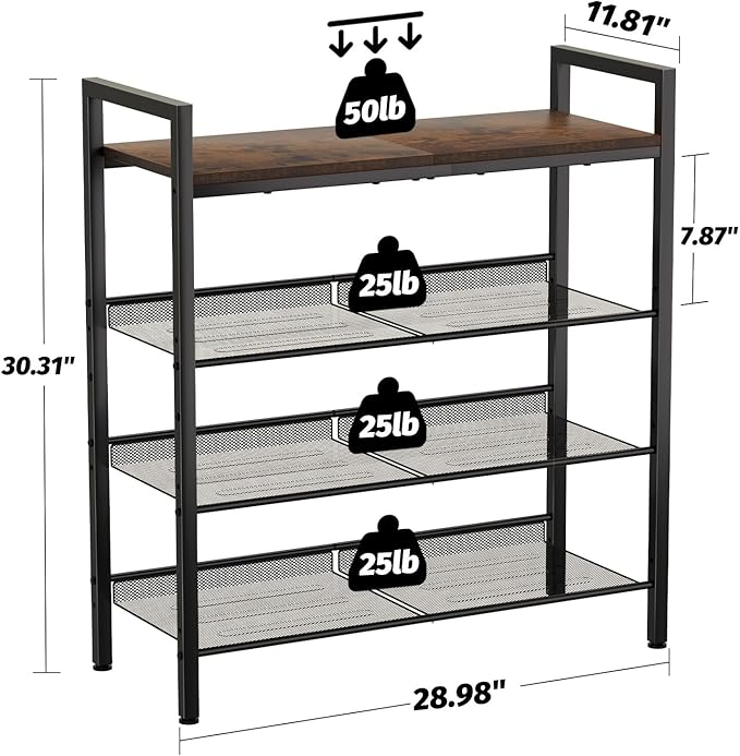 Shoe Rack for Front Door Entrance, 4 Tier Shoe Rack for Entryway, 12-16 Pairs of Shoes, Metal Shoe Rack Organizer, Free Standing Shoe Rack for Closet (Black+Rustic Brown)-NeatNest