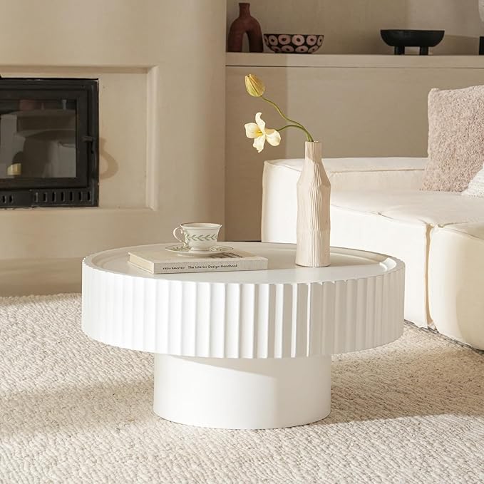 Round Wood Coffee Table - Wooden, Ribbed-Design, 30.3" Dia, 14.9" H - Simple Modern Style for Home Living Room Furniture (White Table)