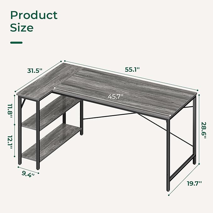 Huuger L Shaped Desk, 55 Inches Computer Desk with Reversible Storage Shelves, for Gaming Corner Home Office Writing Study, Metal Frame, Gray-NeatNest