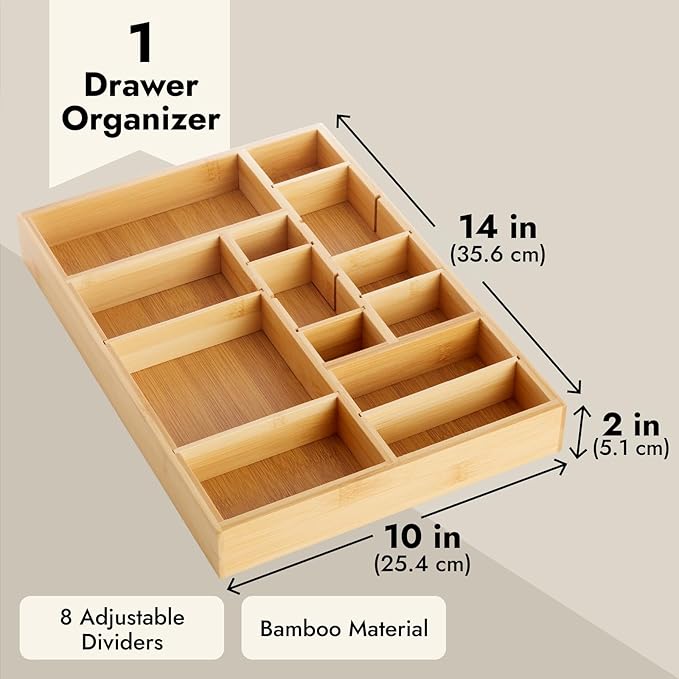 Juvale Drawer Organizer Tray - 14 x 10 x 2 In Brown Bamboo - 8 Adjustable Dividers for Custom Storage - Silverware & Utensil Organizer - Desk Drawer Divider - Versatile Wooden Divided Tray-NeatNest