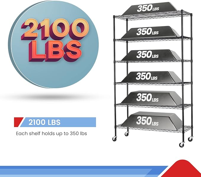 6 Tier Adjustable Metal Shelf Wire Shelving Unit Storage with Wheels 2100LBS Capacity 18" D x 48" W x 82" H for Restaurant Garage Pantry Kitchen Garage Rack,Black-NeatNest