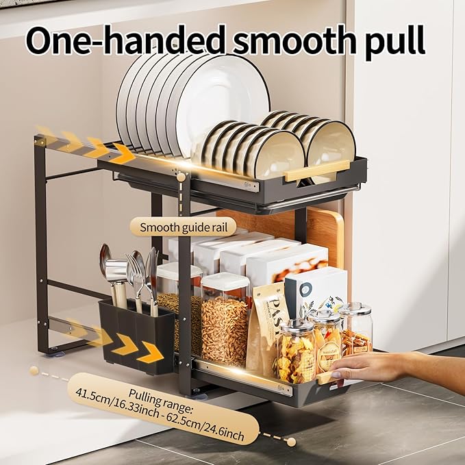 Under Sink Organizer,2 Tier Pull-Out Dish Rack Organizer for Cabinet,Slide out Storage Shelf with Utensil Holder for Cupboard,Under Cabinet Dish Drying Rack for Home, Kitchen, Pantry, Countertop-NeatNest