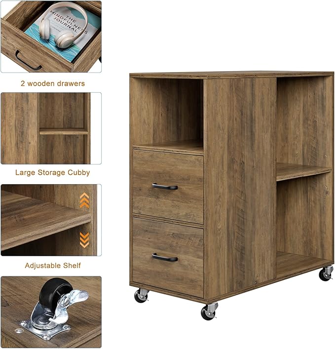 HOSTACK End Side Table, Narrow Nightstand with Storage Drawers and Adjustable Shelf, Rolling Bedside Table for Bedroom, Living Room, Home Office, Rustic Brown, Set of 2