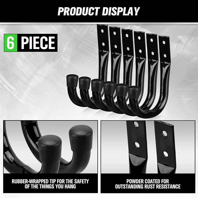 Heavy Duty Garage Storage Hooks, 6-piece Bike Hooks for Garage Wall, Utility Garage Hooks, Wall Mount J Hook for Hanging, Large Metal Storage Organizer Tool, Extension Cord Hanger-NeatNest