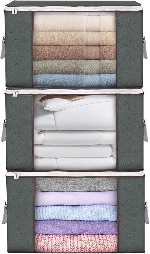 Large Storage Bags, 3 Pack Clothes Storage Bins Foldable Closet Organizers Storage Containers with Durable Handles Thick Fabric for Blanket Comforter Clothing Bedding 90 L (Gray)-NeatNest