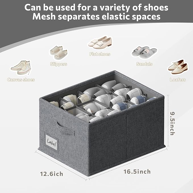 2 Pack Shoe Organizer for Closet,Fits up to 24 Pairs,Fabric Shoe Storage Bins,Large Shoe Box Storage Containers with Bottom Support for Shoes (Dark Gray, (16.5 * 12.6 * 9.5) x1)-NeatNest