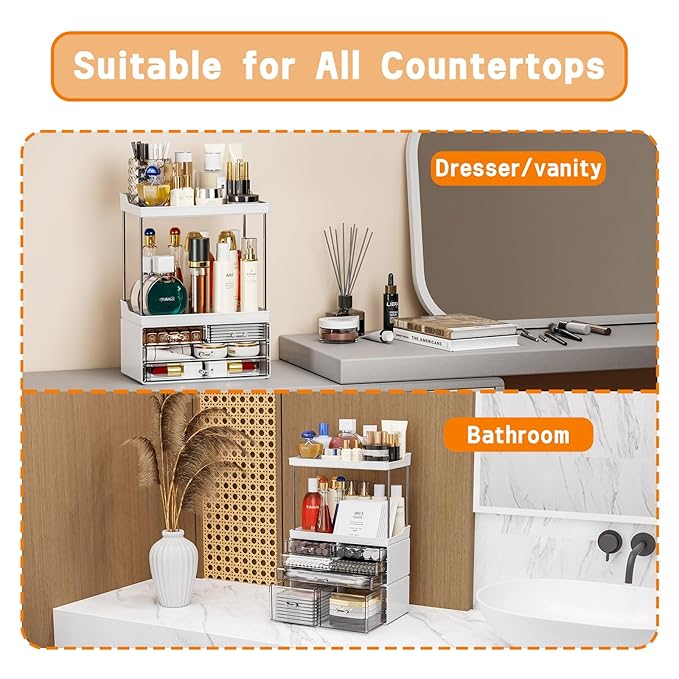 Yieach Bathroom Counter Organizers and Storage,White Acrylic Makeup Organizers with Drawers for Vanity,Bedroom,Plastic Skincare Organizer for Dresser Top Beauty,Cosmetic,Lotion and Perfume Organizer-NeatNest