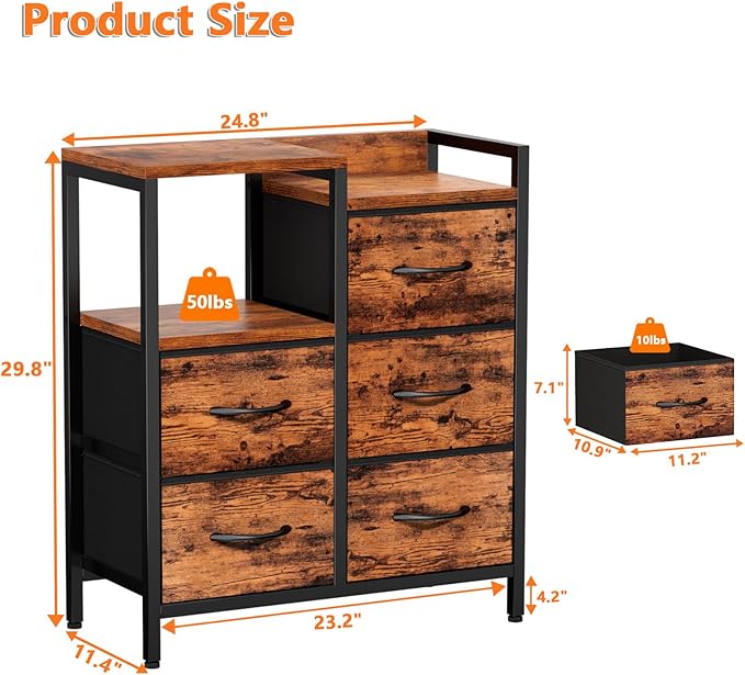 Furnulem 5 Drawer Rustic Brown Dressers for Bedroom 2 Tier Shelf Storage Small Fabric Dresser for Closet Sturdy Metal Frame Modern Style Storage Cabinets Organization Units for Hallway Rooms-NeatNest