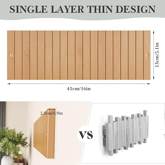 Coat Hooks, Wall Mounted Rack with 9 Retractable Hangers, Solid Wood Slim Holder for Entryway, 17in Natural Finish-1-NeatNest