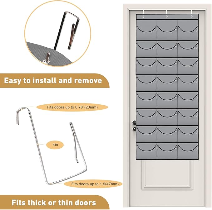 Hat Rack for Baseball Caps, 24 Pocket Over The Door Hat Organizer Storage, Hat Holder for Door with 3 Hooks, Grey - 1 Pack-NeatNest