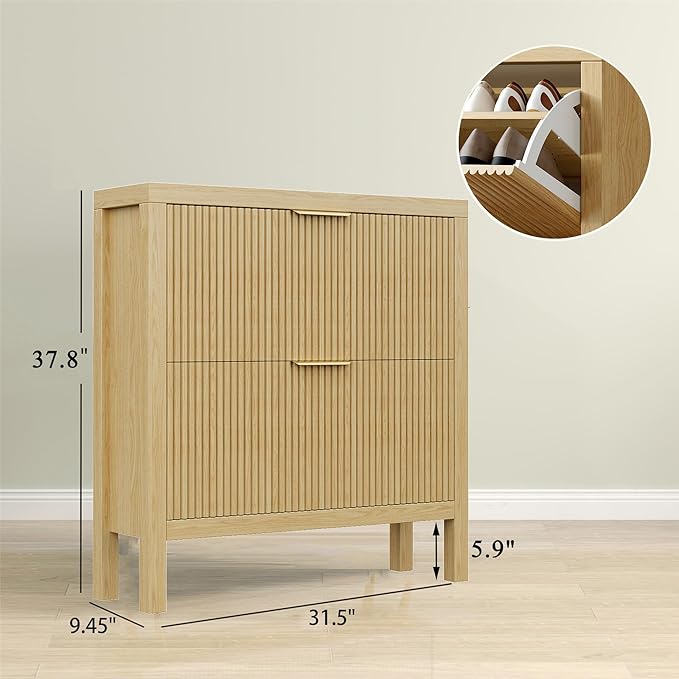 Modern 2-Tier Flip Drawer Shoe Cabinet, Freestanding Hidden Slim Narrow Shoe Rack Cabinet, Wooden Large Capacity Shoe Storage Cabinet Shoe Organizer, for Entryway, Hallway, Natural-1-NeatNest