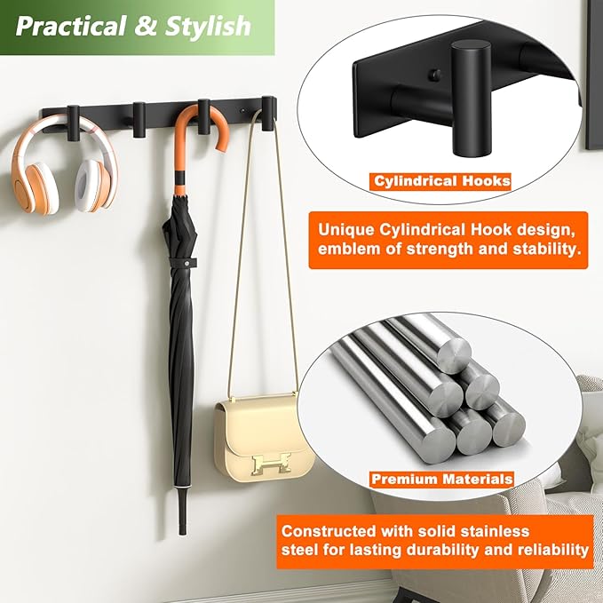 Coat Rack Wall Mounted with 4 Hooks, Wall Hooks for Hanging Towel Coat Hat Bag, Heavy Duty, Metal Hat Rack Coat Hanger Towel Hooks Coat Hooks for Entryway Bathroom Kitchen (Black, 2 Packs)-NeatNest