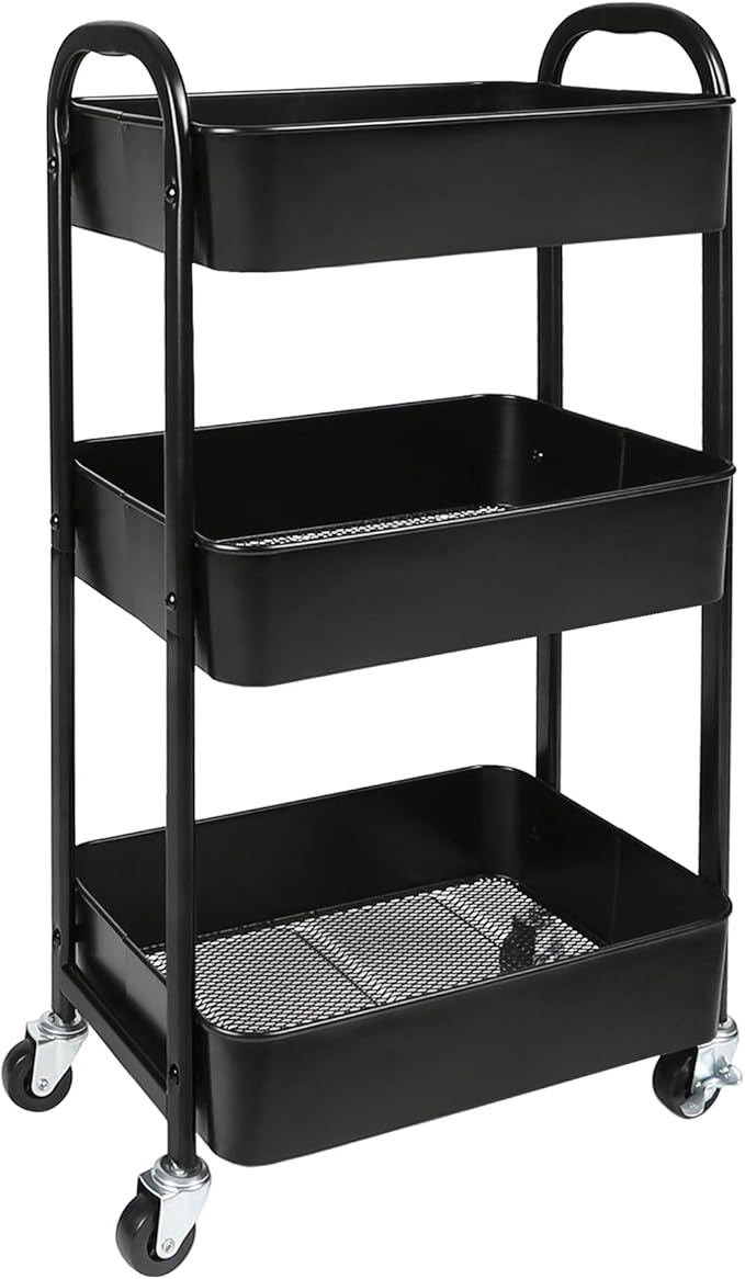 3-Tier Rolling Utility Cart with Caster Wheels,Easy Assembly, for Kitchen, Bathroom (Black)-NeatNest