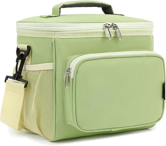 FlowFly Insulated Reusable Lunch Bag Adult Large Lunch Box for Women and Men with Adjustable Shoulder Strap,Front Zipper Pocket and Dual Large Mesh Side Pockets,Light Matcha-NeatNest