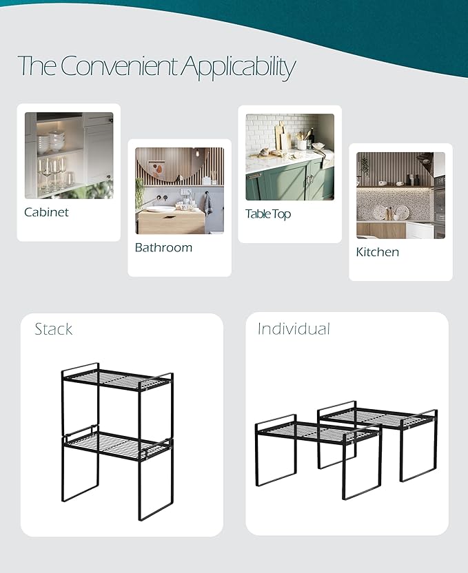 2pk Kitchen Cabinet Shelf Counter Organizer Rack Pantry Storage Bathroom Bedroom Office Table Desk Space Saving Steel Frame Stackable Rust Resistant Non Slip Black-Tall-L13in W8.3in H9.5in-NeatNest