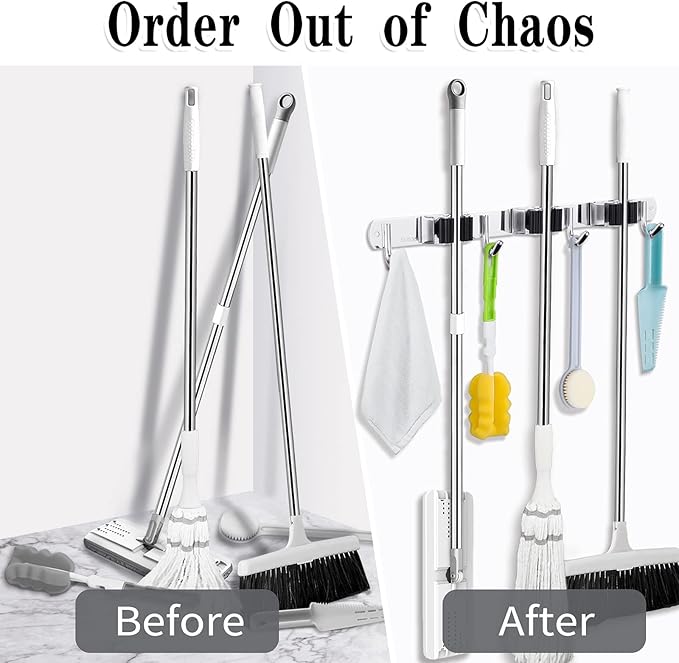 3 Racks and 4 Hooks Broom and Mop Holder Wall Mounted Garage Organizer Storage Tool Racks Stainless Steel Heavy Duty Hooks Self Adhesive Solid Non-slip Wall Hangers for Home Kitchen Garden Laundry-NeatNest