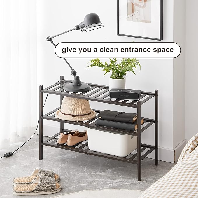 Shoe Rack, 3-Tier Bamboo Stackable Shoe Shelf Storage Organizer, Shoe Stand for Closet, Entryway and Hallway-NeatNest
