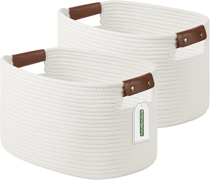 Cotton Rope Basket , Storage Baskets with Handle, 15x10x9 Inch Woven Basket for Shelves, Laundry, Towels, Clothes, Books, Toys (White 2Pack)-NeatNest