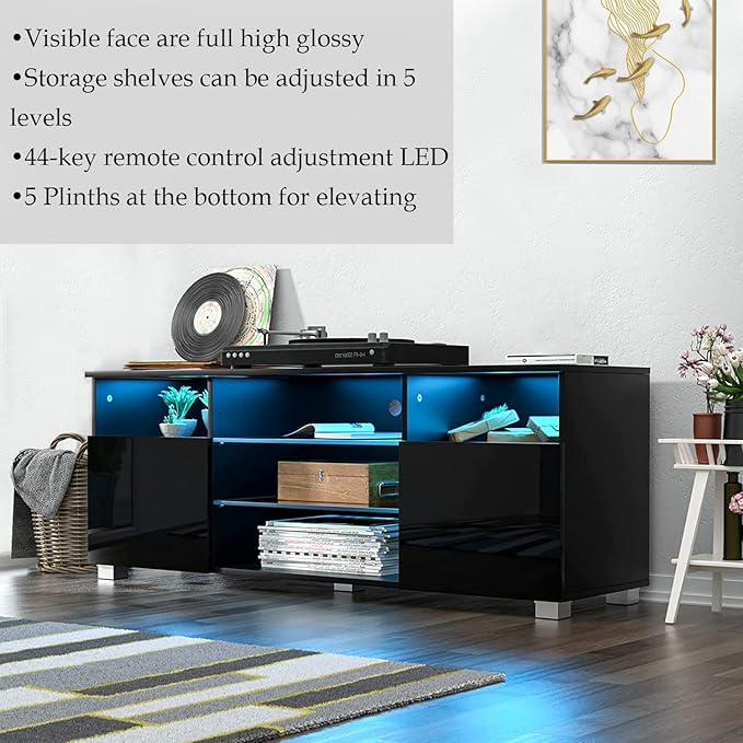 High Glossy LED Black TV Stand for 55/60/65 inch TV,Modern LED Entertainment Center with Adjustable Storage Shelves,Game Console Entertainment Center,TV Table Media Furniture (57inch, Black)-NeatNest