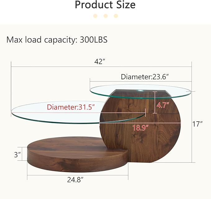 Glass Coffee Tables for Living Room Round Coffee Tables Modern Double Layer Round Table Circle Coffee Table for Small Space Home Office (42 Inch Dark Brown)