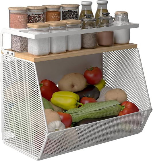 1 Pack Magnetic Shelf for Fridge with Wood Lid, Mesh Magnetic Storage Basket for Refrigerator, Organizer Rack for Fruit, Onion, Potato, Kitchen Counter or Laundry (White, M)