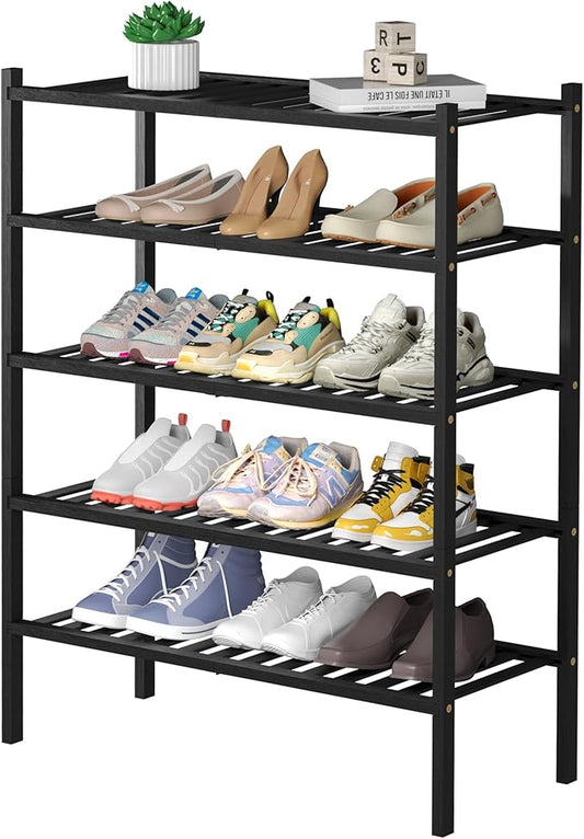 5 Tier Bamboo Shoe Rack for Closet Free Standing Wood Shoe Shelf for Entryway Small Space Stackable 27"x11"x33" (Black)-NeatNest