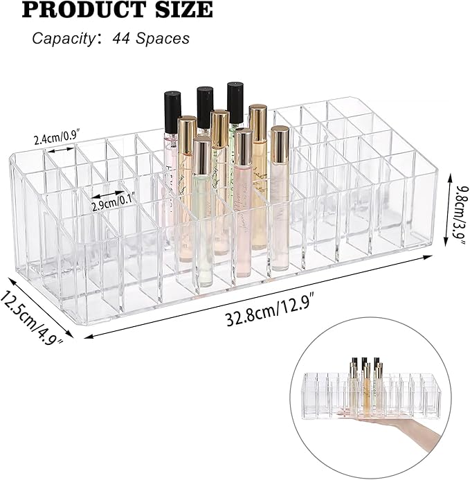 ELLDOO Rollerball Perfume Organizer, 44 Spaces Clear Acrylic Perfume Storage Holder Beauty Scent Holder, Essential Oil Storage Holder Organizer, Makeup Lipgloss Lipstick Display Case-NeatNest