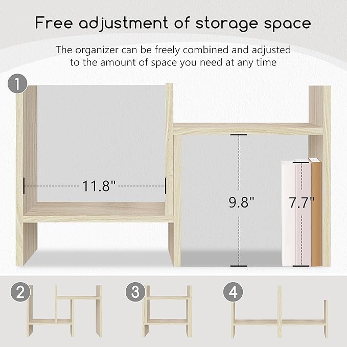 Jerry & Maggie Desktop Organizer Office Storage Rack Adjustable Wood Display Shelf Free Style Double H, Multi-Functional Mini Bookshelf for Desk Natural Stand (White Wood Tone)-NeatNest