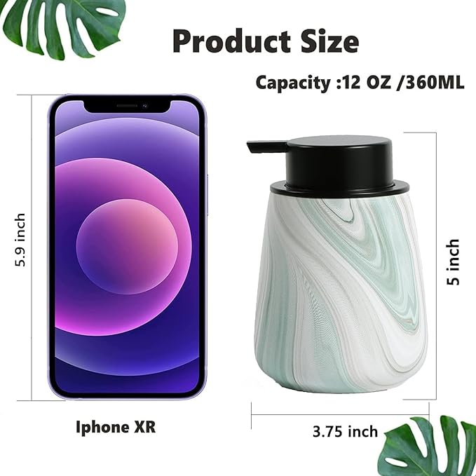12Oz Foam Hand Soap Dispenser - Modern Ceramic Foaming Soap Dispenser with Easy-to-Press Pump, Reusable and Refillable Liquid Dish Soap Dispensers for Bathroom & Kitchen, Marble Green-NeatNest