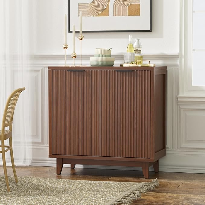 Fluted Cabinet with Storage, 2 Doors Sideboard Buffet, Mid Century Modern Accent Cabinet with Adjustable Shelves, Multifunctional Console Table with Storage for Living Room, Kitchen, Entryway
